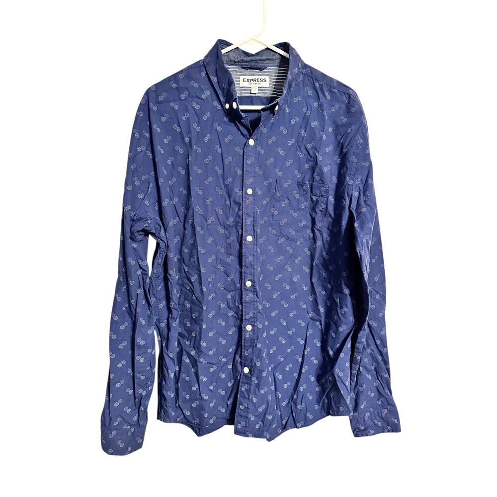 Express Soft Wash Blue Circle Print Long Sleeve Button Down Shirt Men's Size XL